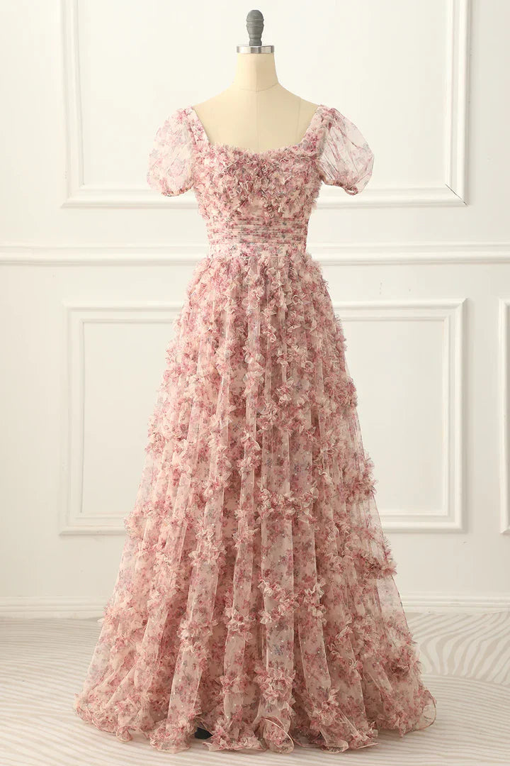 Pink A-line Tulle Pleated Floral Long Prom Dress Adult Ceremony Graduation Prom Dress ED01533