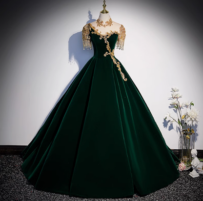Burgundy A-line Velvet Beaded Sequined Long Prom Dress with Gold Appliques Formal Evening Gown ED01541