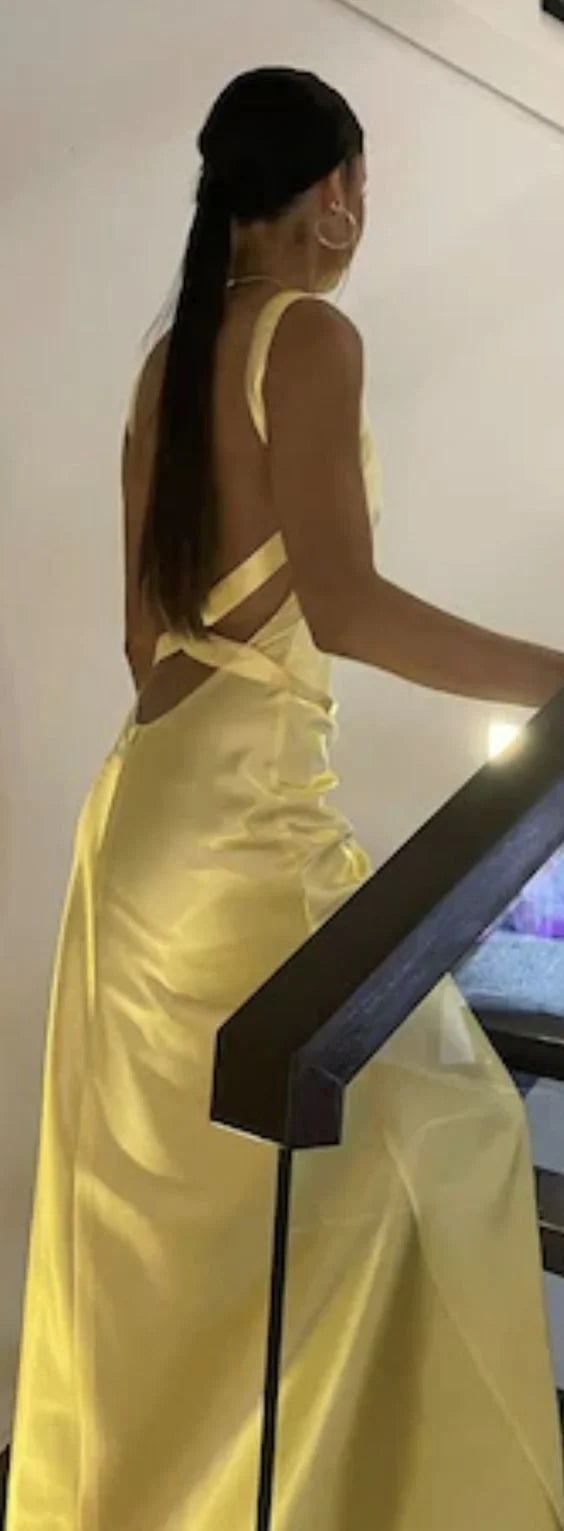 Simple Mermaid V Neck Yellow Backless Long Prom Dress ED01547