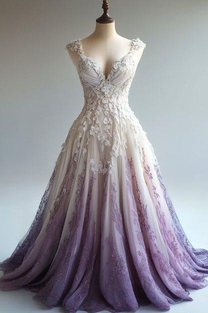 A-line Straps Tulle Beaded Long Prom Dress Applique Sweetheart Neck Evening Gown ED01554