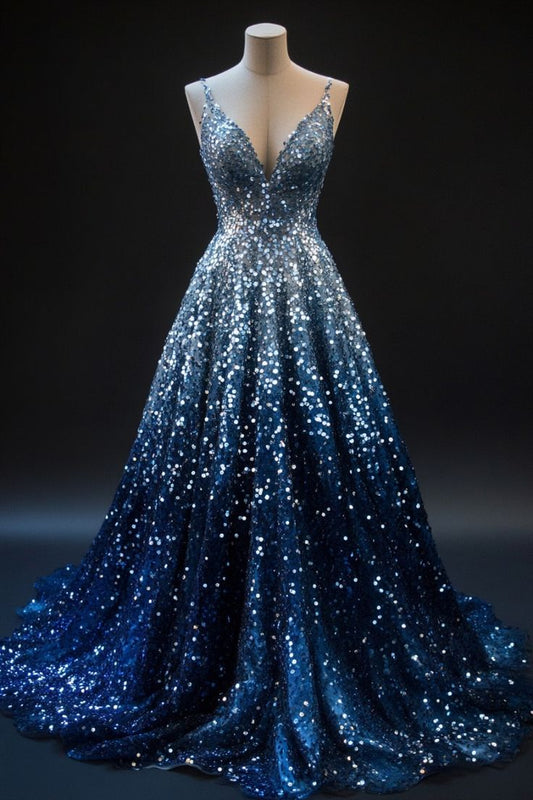 Gradient Blue A-line Spaghetti Straps Sequins Long Prom Dress V-neck Evening Gown ED01555