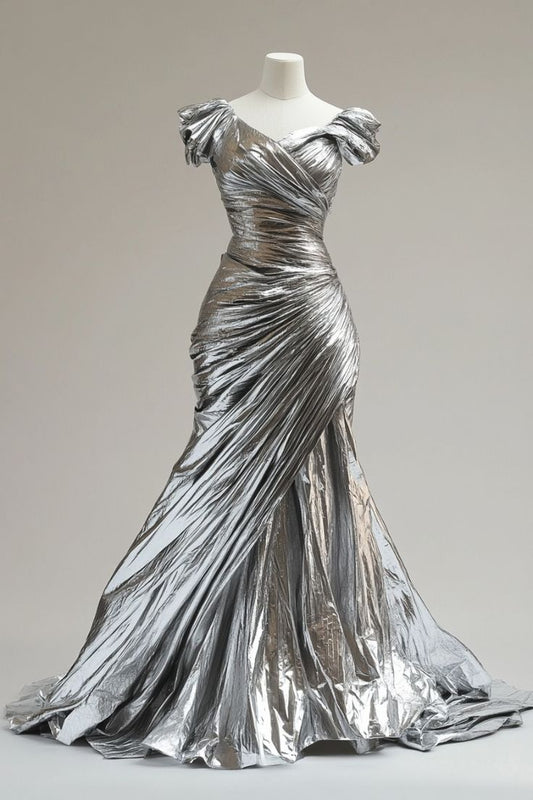 Silver Mermaid V-neck Long Prom Dress Simple Simple Formal Evening Dress ED01557