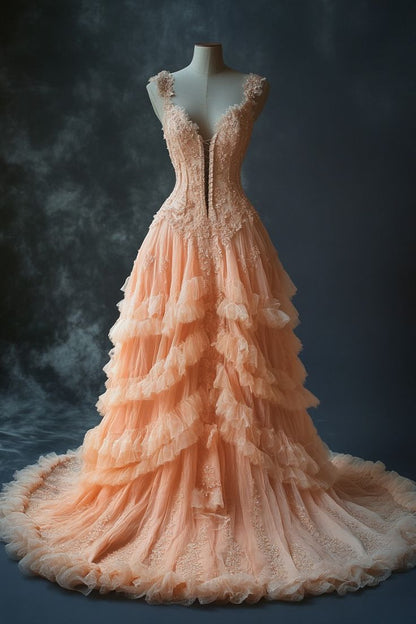 Vintage Pastel Orange Mermaid V-neck Tulle Applique Long Prom Dress Sweet Beaded Formal Evening Dress ED01558