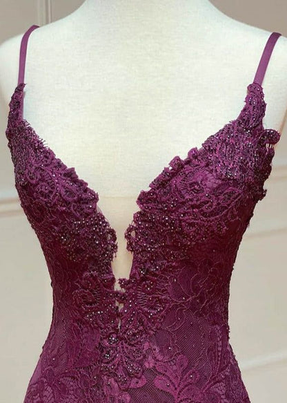 Elegant 💜Grape Mermaid Gown for Prom Charming Spaghetti Straps Applique Formal Evening Dress With Slit ED01559