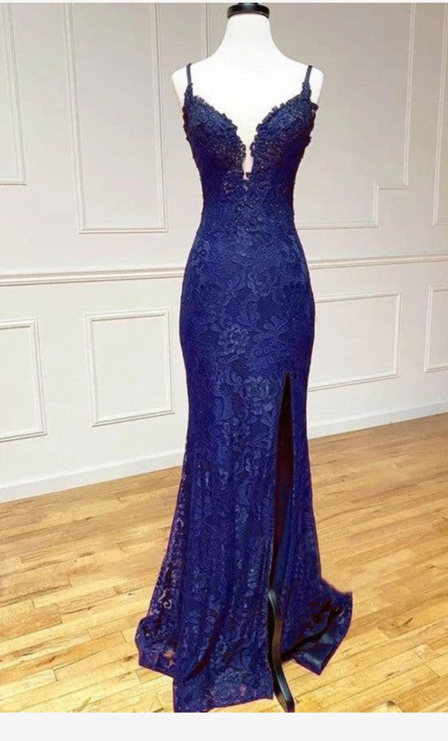 Elegant 💜Grape Mermaid Gown for Prom Charming Spaghetti Straps Applique Formal Evening Dress With Slit ED01559
