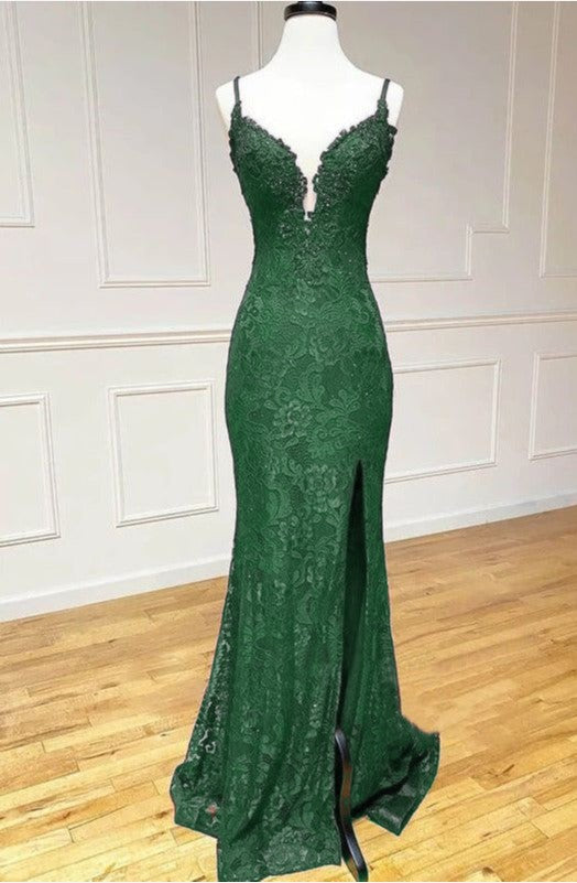 Elegant 💜Grape Mermaid Gown for Prom Charming Spaghetti Straps Applique Formal Evening Dress With Slit ED01559