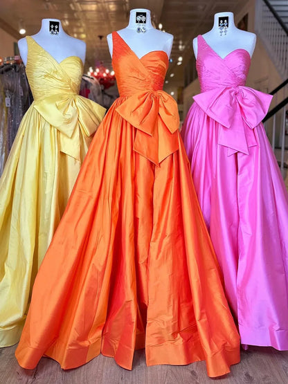 A-line one shoulder satin long prom dress with bow ED01562