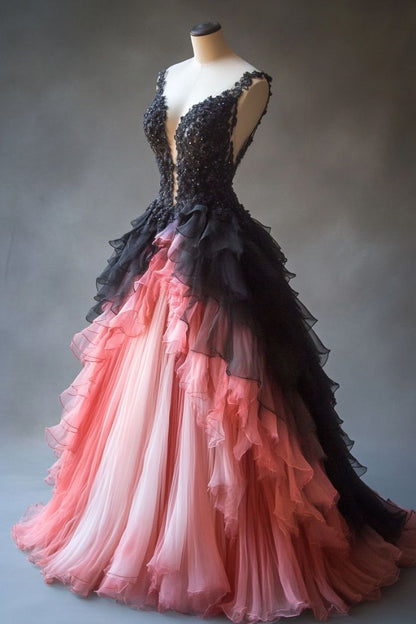 Gradient A-line Tulle Lace Deep V Neck Long Prom Dresses, Layered Beaded Evening Dress ED01563