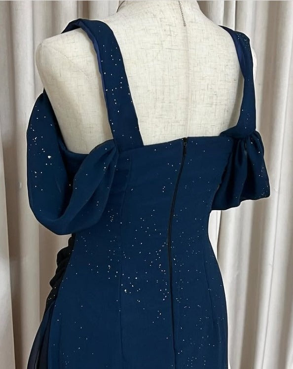 Glitter ✨Gradient Blue Prom Dress for Birthday& Pool Party-Elegant V-neck Spaghetti Straps Evening Dress ED01564