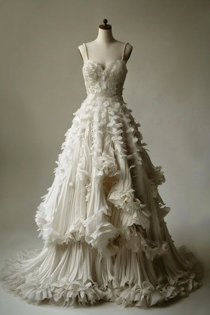 White A-line Spaghetti Strap Beaded Tulle Long Prom Dress Simple Applique Wedding Dress  ED01566