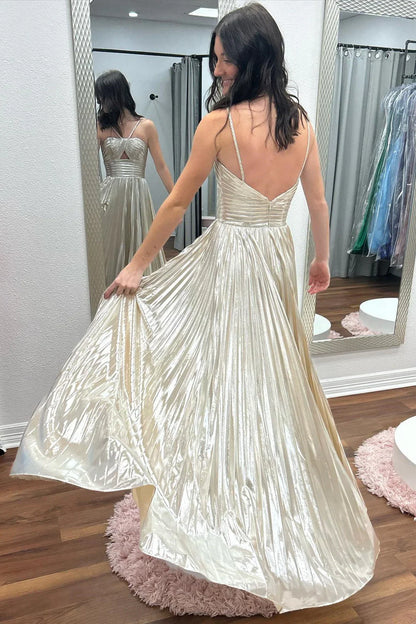 Metallic A-line Spaghetti Strap Long Prom Dress with Slit ED01567