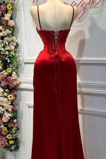 Chic Mermaid Spaghetti StrapsSatin  Long Formal Dress with Beading ED01569