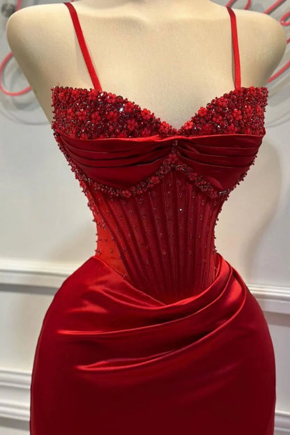 Chic Mermaid Spaghetti StrapsSatin  Long Formal Dress with Beading ED01569