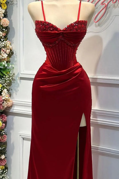 Chic Mermaid Spaghetti StrapsSatin  Long Formal Dress with Beading ED01569
