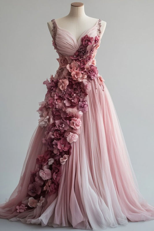 Sweet Pink A-line Sweetheart Neck Tulle Long Prom Dress 3D Applique Wedding Dress ED01570