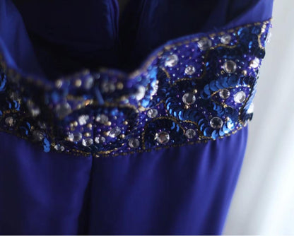 Royal Blue A-Line Halter Chiffon Satin Long Prom Dress V-neck Beaded Birthday Party Dress  ED01581