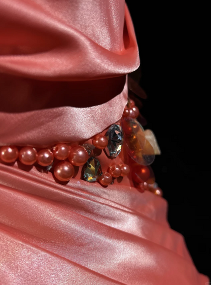 Bright Orange Mermaid V-Neck Satin Beaded Long Prom Dress Sequined Evening Gown  ED01582