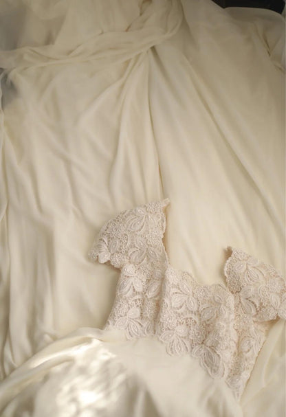 Beige Square Neck Chiffon Lace Empire Dress Long Prom Dress Beaded Wedding Dress  ED01583
