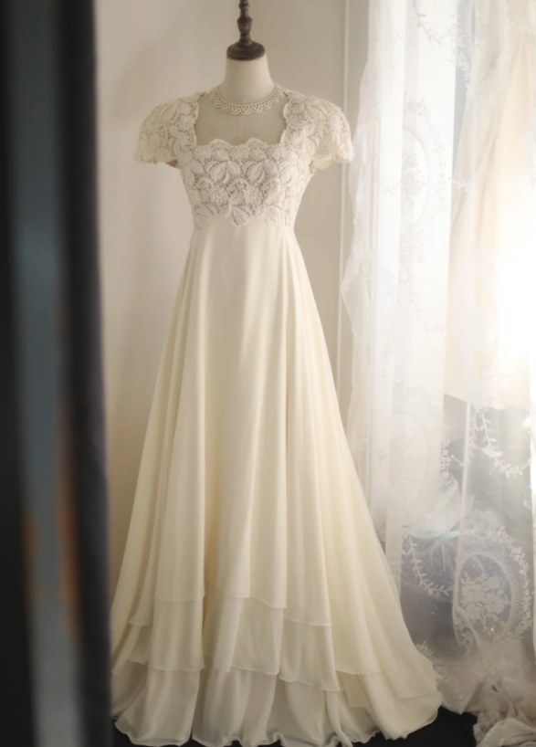 Beige Square Neck Chiffon Lace Empire Dress Long Prom Dress Beaded Wedding Dress  ED01583