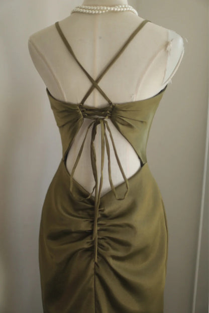 Mermaid V-Neck Satin Long Prom Dress Elegant Spaghetti Strap Formal Dress  ED01584