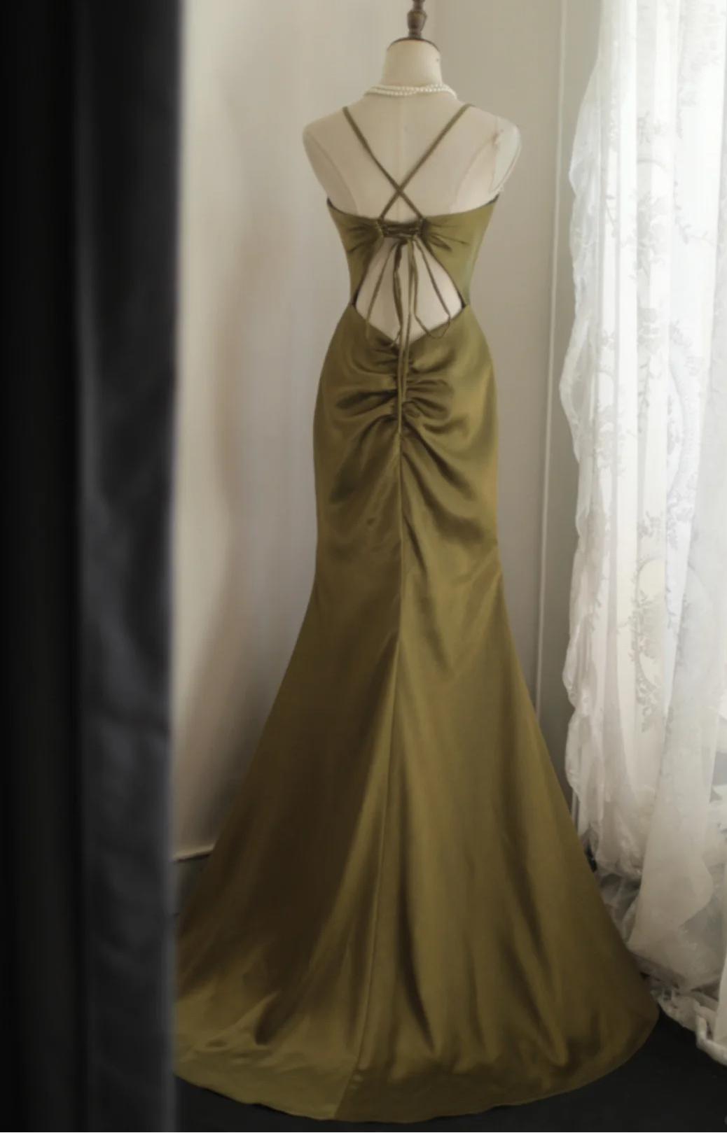 Mermaid V-Neck Satin Long Prom Dress Elegant Spaghetti Strap Formal Dress  ED01584