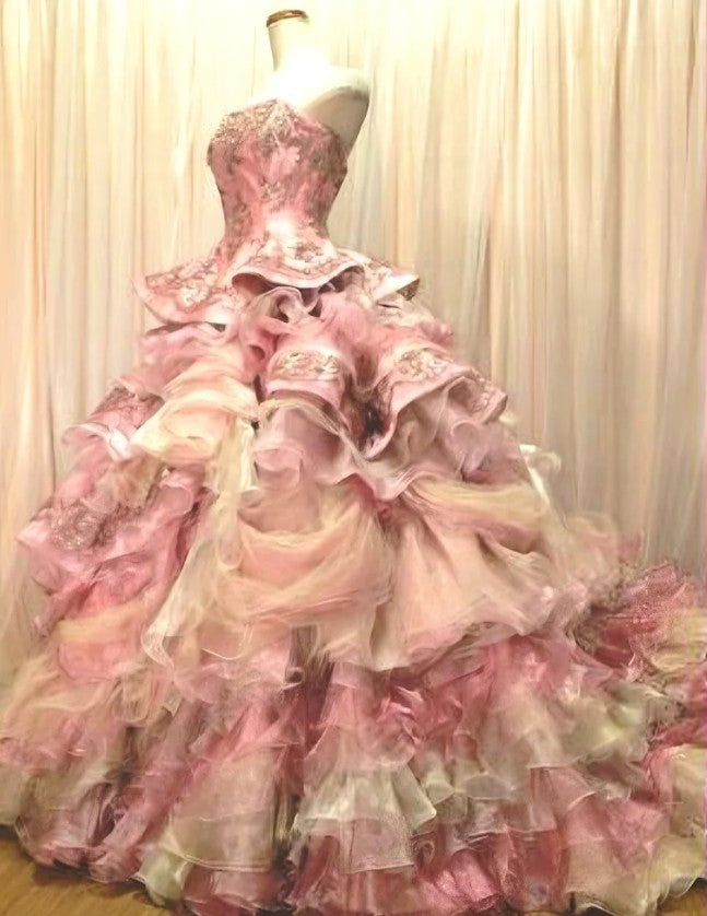 Sweet A-Line Strapless Satin Tulle Sequined Wedding Dress Beaded Diamond Long Ball Gown  ED01585