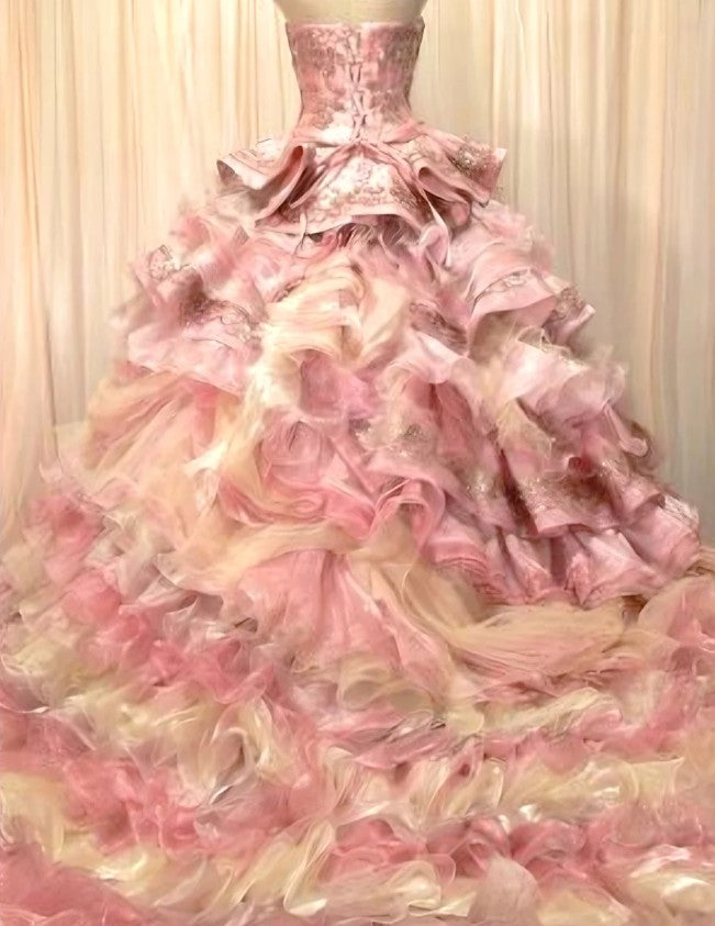 Sweet A-Line Strapless Satin Tulle Sequined Wedding Dress Beaded Diamond Long Ball Gown  ED01585