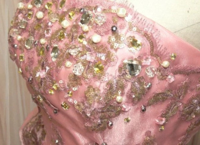 Sweet A-Line Strapless Satin Tulle Sequined Wedding Dress Beaded Diamond Long Ball Gown  ED01585
