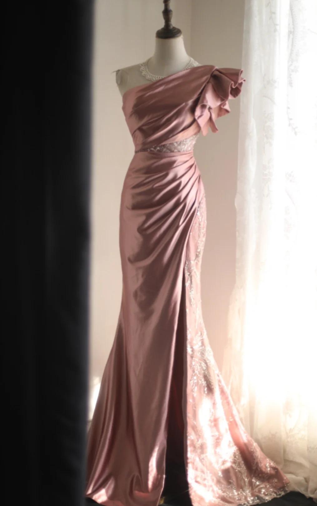 Pink Mermaid One Shoulder Satin Beaded Sequin Long Prom Dress Bridal Dress  ED01588
