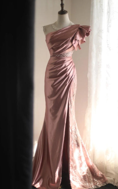 Pink Mermaid One Shoulder Satin Beaded Sequin Long Prom Dress Bridal Dress  ED01588