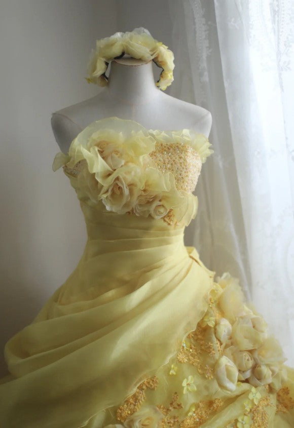 Sweet Yellow A-Line Strapless Organza Wedding Dress with Appliques and Rhinestones Long Ball Gown ED01595