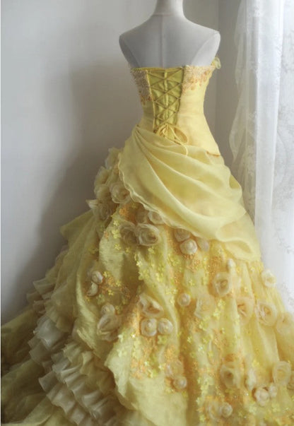 Sweet Yellow A-Line Strapless Organza Wedding Dress with Appliques and Rhinestones Long Ball Gown ED01595