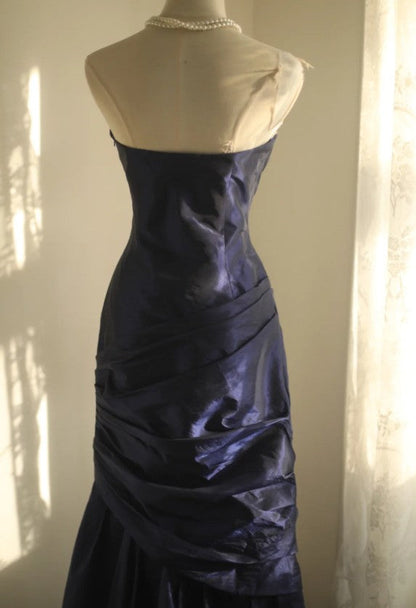 Simple Mermaid Strapless Taffeta Pleated Long Prom Dress Evening Gown ED01594