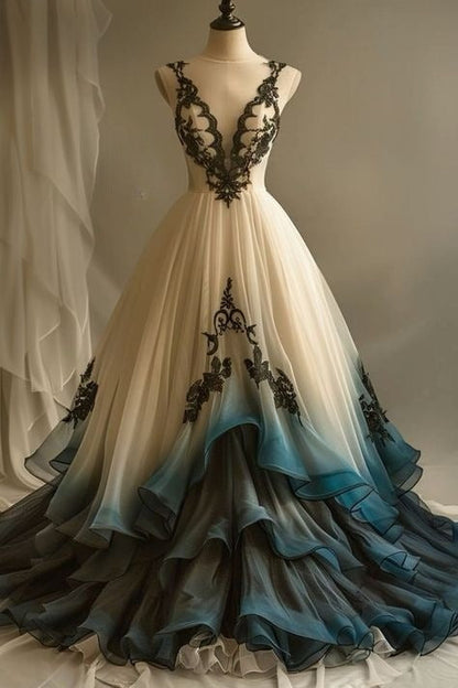 A-Line Deep V Neck Tulle Long Prom Dress Embroidered Applique Evening Dress ED01596