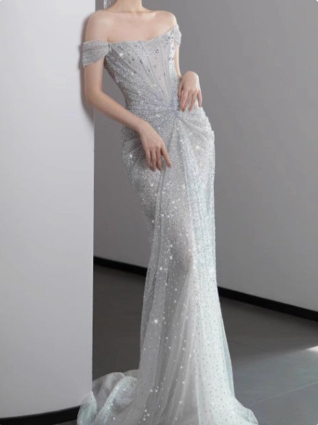 Mermaid Gown💍 Off The Shoulder Tulle Sequins Long Prom Dress for Formal Events &Quinceanera ED01599