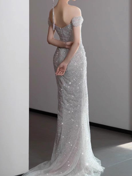 Mermaid Gown💍 Off The Shoulder Tulle Sequins Long Prom Dress for Formal Events &Quinceanera ED01599