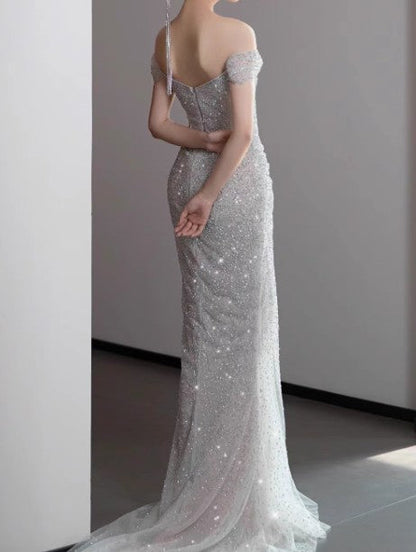 Mermaid Gown💍 Off The Shoulder Tulle Sequins Long Prom Dress for Formal Events &Quinceanera ED01599