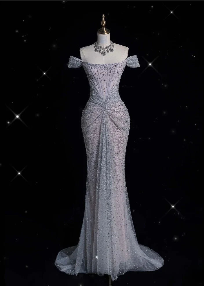 Mermaid Gown💍 Off The Shoulder Tulle Sequins Long Prom Dress for Formal Events &Quinceanera ED01599