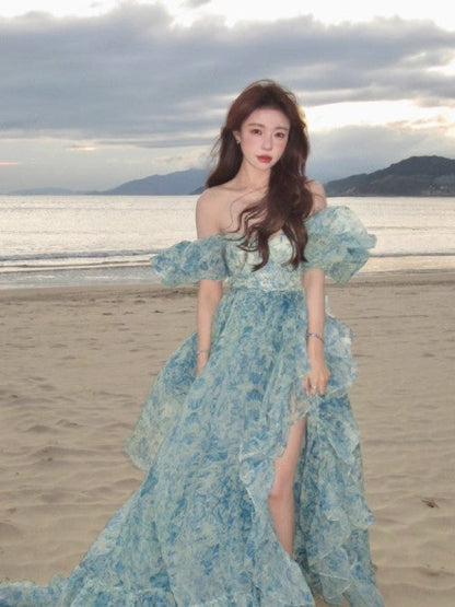 Sweet A-Line off-shoulder organza print Long Prom Dress Birthday Adult Ceremony Dress ED01602