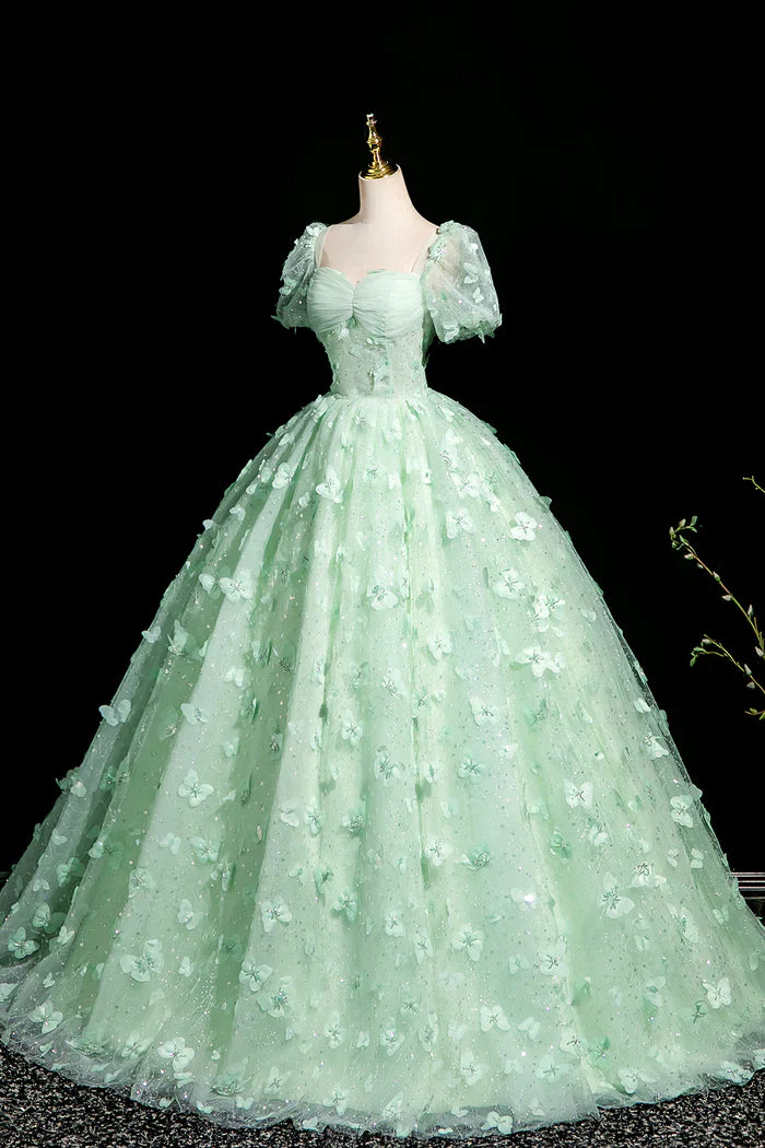 Green A-Line Tulle Beaded Sequin Long Prom Dress, Beautiful 3D Butterfly Evening Dress ED01605