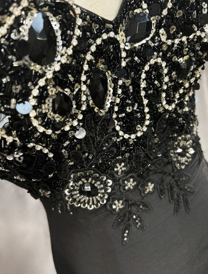 Elegant Black Mermaid Satin Beaded Sequin Long Prom Dress, Sweetheart Neck Evening Dress ED01606