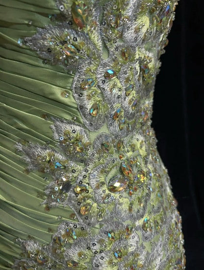 Vintage Green Mermaid Spaghetti Strap Satin Beaded Sequin Long Prom Dress Sweetheart Neck Evening Dress ED01607