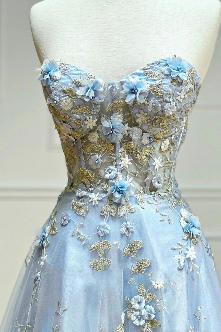 Blue  A-Line Sweetheart Tulle Appliques Long Prom Dress, Strapless Evening Dress ED01609