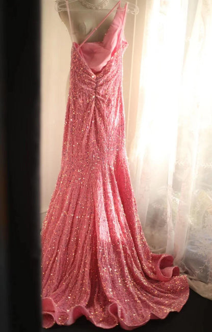 Sweet Pink Mermaid One Shoulder Sequined Pleated Long Prom Dress Backless Evening Dress ED01608