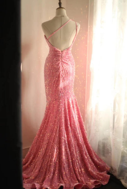 Sweet Pink Mermaid One Shoulder Sequined Pleated Long Prom Dress Backless Evening Dress ED01608