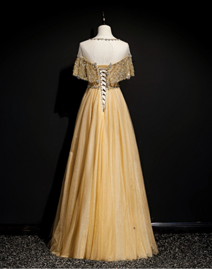 Gold A-Line Tulle Beading Sequins Long Prom Dress Lotus Leaf Sleeve Evening Dress ED01615
