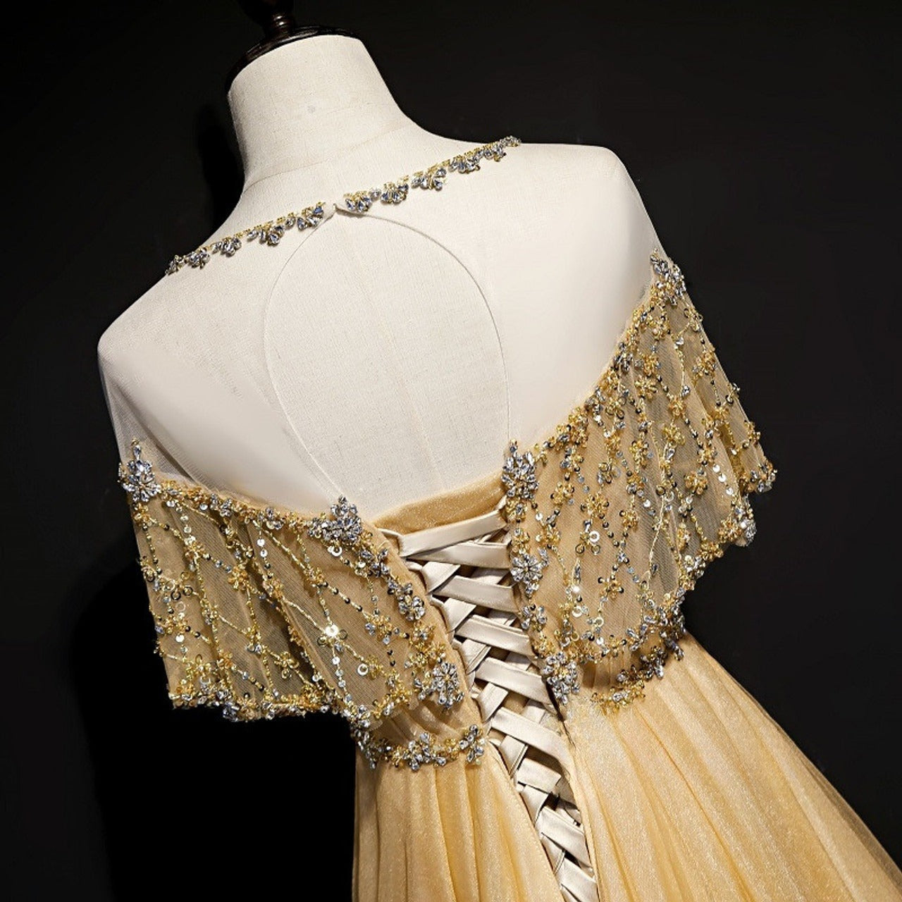 Gold A-Line Tulle Beading Sequins Long Prom Dress Lotus Leaf Sleeve Evening Dress ED01615