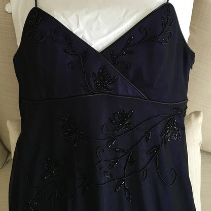 Navy Blue Mermaid Spaghetti Strap Tulle Beading Long Prom Dress V-Neck Graduation Prom Adult Ceremony Dress ED01616
