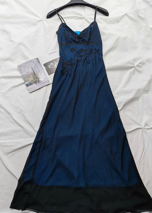 Navy Blue Mermaid Spaghetti Strap Tulle Beading Long Prom Dress V-Neck Graduation Prom Adult Ceremony Dress ED01616