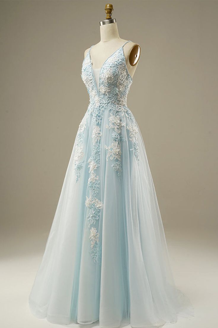 Light Blue A-Line Spaghetti Strap Tulle Beading Long Prom Dress Sweet Embroidery Applique Graduation Prom Dress Evening Dress ED01617
